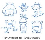 Set of funny cool monsters, aliens or fantasy animals for children coloring books or t-shirts. Hand drawn line art cartoon vector illustration.