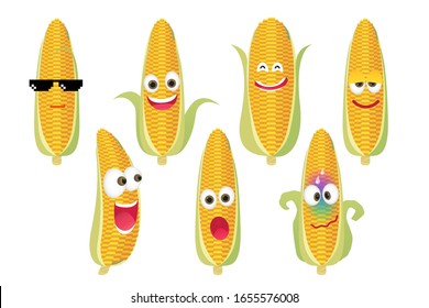 Set of funny corn character isolated on white background. Vector cartoon faces with various emotions.