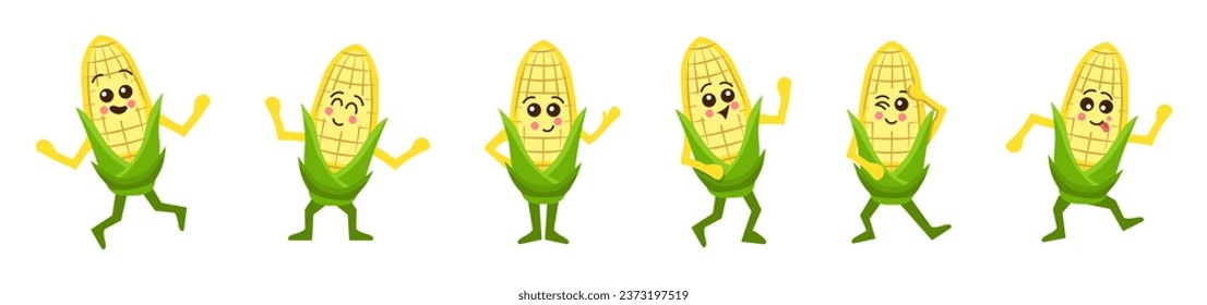 Set of funny corn cob on white background
