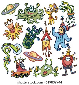 set of funny cosmos UFO characters