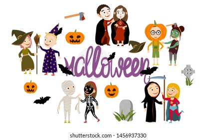 Set of Funny couples boys and girls in scary costumes for celebrating Halloween. Trick or treat. Vector illustration of kids