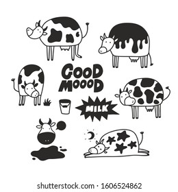 Set of funny cow animals in children doodle style. Vector illustration with black and white characters for poster or print.