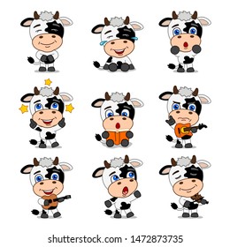 Set of funny cow in cartoon style in different poses and with musical instruments