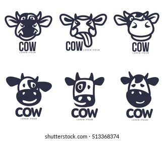 Set Of Funny Cow Head Logo Templates, Cartoon Vector Illustration On White Background. Set Of Cute, Smiling, Funny Cow Faces For Dairy, Beef, Farm Products Logo Design