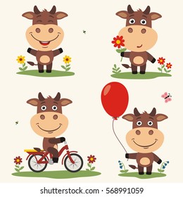 Set of funny cow plays on meadow, on bicycle, with balloon and flower in cartoon style.