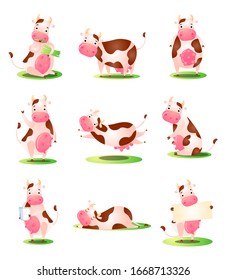 Conjunto de graciosos personajes de animales vacos en la ilustración del vector de césped