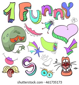 Set of funny crazy characters , signs, aliens , imaginary , cartoon, bright