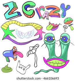 Set of funny crazy characters , signs, aliens , imaginary , cartoon, bright, stars