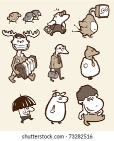 The set of a funny creatures. They are all different: stupid, happy, sad, confused etc.