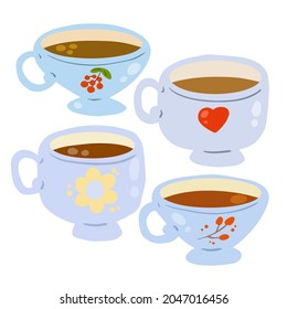 Set of Funny Cup of tea or coffee. Cute cozy drawing. Breakfast and kitchenware with hot drink. Flat drawn cartoon