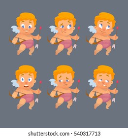 set, funny cupid with bow and arrow, Valentine's Day, vector illustration, emotions, cartoon character, isolated, for cards amd your design