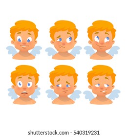 set, funny cupid head, Valentine's Day, vector illustration, emotions, cartoon character, isolated, for cards amd your design