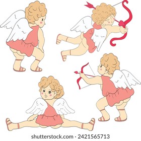 Set of Funny Cupid with various poses: kicking leg, dancing. Vector illustration. Valentine