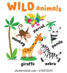 Set of funny cute African animals, panda and parrot, zebra, giraffe and monkey