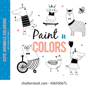 Set of funny and cute animals. Coloring for kids. Vector. Isolated. White Background. Hand drawn illustration. Good for birthday cards, gift tags, labels, posters and stickers.