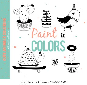 Set of funny and cute animals. Coloring for kids. Vector. Isolated. White Background. Hand drawn illustration. Good for birthday cards, gift tags, labels, posters and stickers.