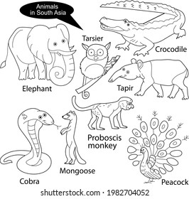 Set with funny cute animals living in South Asia.  Objects isolated on white background. Linear, contour, black and white  version. Illustration can be used for coloring book and pictures for children