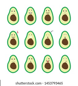 Set of funny cute avocado with various facial expressions and gestures. Set of vector sticker. Cute cartoon character. Vector Illustration in flat style. Drawing. Icon seed. Emotion. Emoji