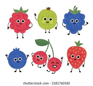 set of funny cute berry characters: raspberry, blackberry, blueberry, cherry, strawberry, gooseberry