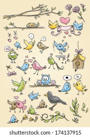 Set of funny cute birds in different emotions, happy, sad, angry, and poses icons hand drawn sketch vector illustration