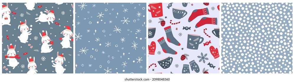 A set of funny cute bunnies for the new year. Rabbits in winter Santa hats give gifts for Christmas. Print with flakes, snowballs, sweets, a cup of tea, socks, mittens. Vector graphics.