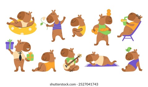 Conjunto de divertidos y lindos capibaras. Personajes animales felices. Relájate. Vector de moda ilustración aislada en estilo plano mano libre