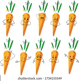 Set of funny cute carrots with different emotions. Smyle faces carrots.Vector stock elements for design in cartoon style.