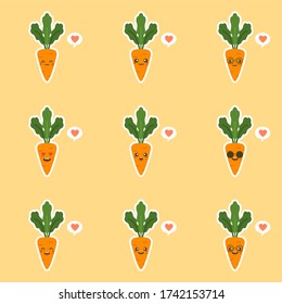 Juego de zanahorias graciosas y lindas con diferentes emociones. Sonreir se enfrenta a las zanahorias. Elementos de material vectorial para el diseño en estilo de dibujos animados.