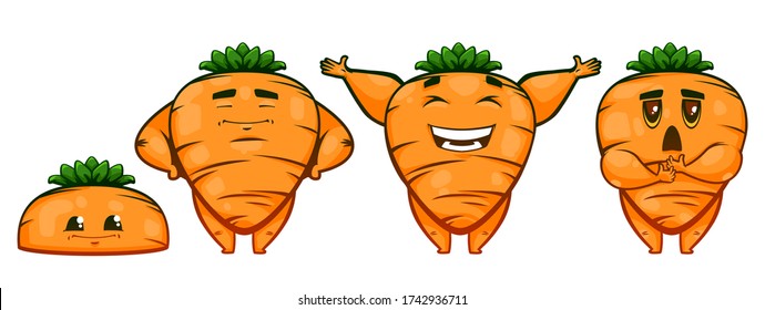 Set of funny and cute cartoon character of carrot, faces with different emotions, isolated on white background