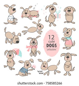 Set of funny cute cartoon dogs. Hand drawing isolated objects on white background. Vector illustration
