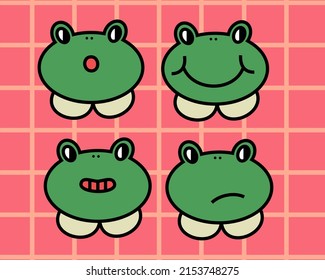 Set of funny cute cartoon frog emoji isolated on white background.