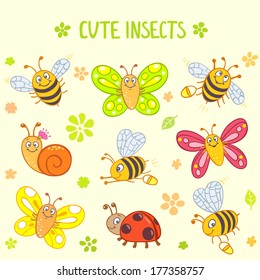 Set of funny and cute cartoon insects