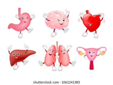 Set of funny cute cartoon internal organs. Healthy characters of brain, lung, stomach, heart, liver and uterus.  Illustration isolated on white background.