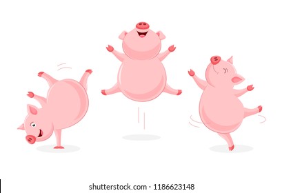 Set of funny cute cartoon pig dancing. Character design. Vector illustration isolated on white background.