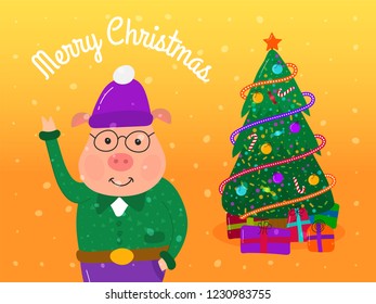 Set of funny cute cartoon pig. Greeting cards Merry Christmas and New Year 2019. Year of the pig. Illustration Concept