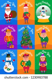 Set of funny cute cartoon pig. Snowflake and sant claus pig. Greeting cards Merry Christmas and New Year 2019. Year of the pig. Illustration Concept