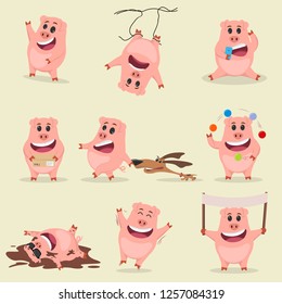 Set of funny cute cartoon pig in different pose