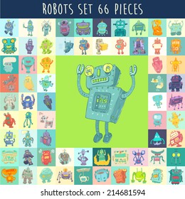 Set Of Funny Cute Cartoon Robots. Robot Toy Vector Illustration, Hand Drawing