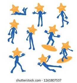 Set of funny cute cartoon silhouettes of little man with the star head