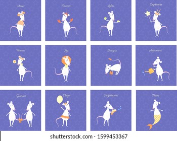 Set of funny and cute cartoon vector zodiac signs with white rat or mouse-symbol of year 2020. Aries, Taurus, Gemini, Cancer, Leo, Virgo, Libra, Scorpio, Sagittarius, Capricorn, Aquarius, Pisces. 