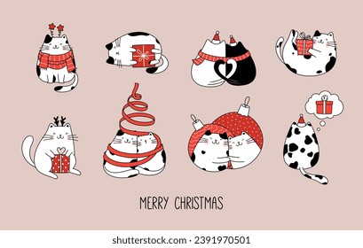 Set of funny cute cats celebrating Christmas with holiday decorations. Vector design concept for New Year. Character illustration cartoon style.