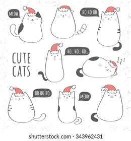 Set of funny cute cats with christmas hats