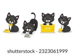  Set of funny cute cats in different poses in cartoon style. Black kitten. Vector illustration 