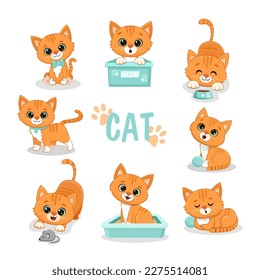 Set of funny cute cats in different poses in cartoon style.Ginger kitten.Vector illustration