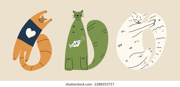 A set of funny cute cats in different poses in the style of hand drawing. Collection in different poses of pets. Vector illustration
