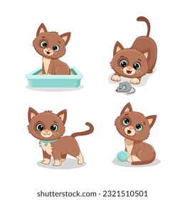 Set of funny cute cats in different poses in cartoon style. Brown kitten. Vector illustration