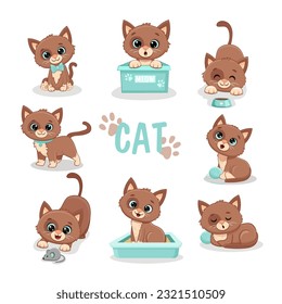 Set of funny cute cats in different poses in cartoon style. Brown kitten. Vector illustration