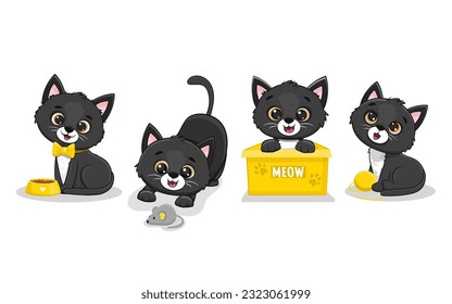  Set of funny cute cats in different poses in cartoon style. Black kitten. Vector illustration 