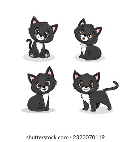 Set of funny cute cats in different poses in cartoon style. Black kitten. Vector illustration