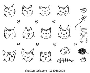 Set of funny cute cats faces and some cats toys and attributes. Black outline doodle, simple hand drawn. 